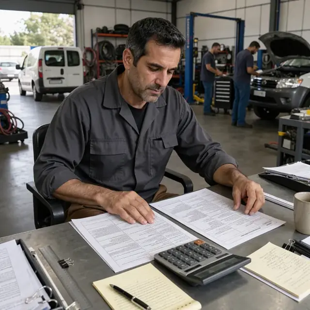 a worker at a workstation comparing an original policy document to a new endorsement form with a calculator and notepad