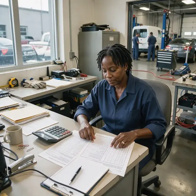 a worker at a desk reviewing a printed rating worksheet and policy form with a calculator nearby