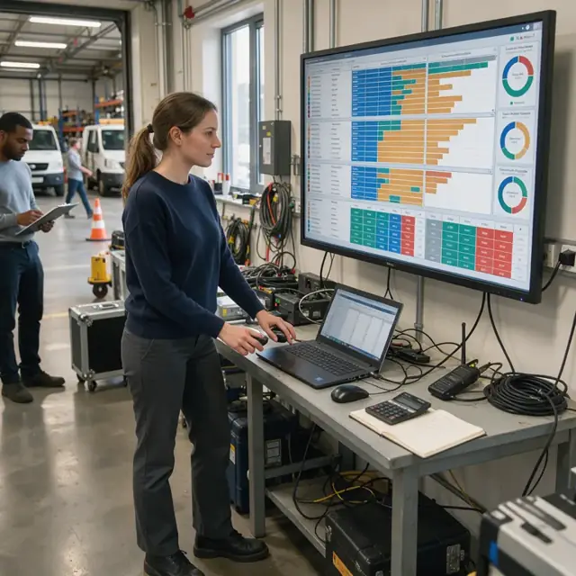 a worker updating a large wall-mounted monitor showing colored collateral exposure charts for multiple reinsurance counterparties