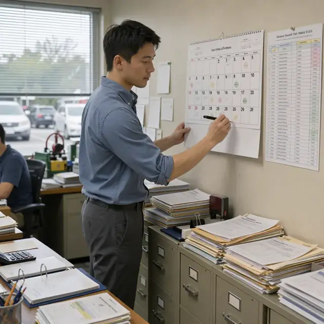a worker updating a wall calendar and spreadsheet of license renewal dates next to stacks of state filing forms in an office