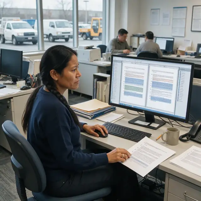 a worker comparing two versions of a reinsurance treaty document side by side on a large screen with clause libraries visible