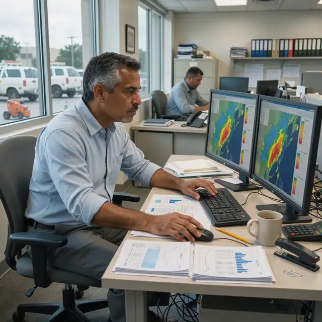 a worker studying catastrophe model output maps on dual screens next to printed loss history reports in a quiet office