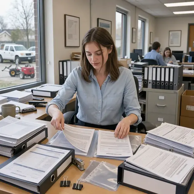 a desk with stacks of insurance binders, certificates of insurance and policy declarations pages being organized