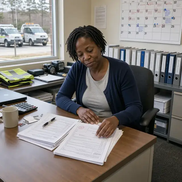 a desk with state licensing documents and a wall calendar marked with renewal dates next to stacks of continuing education course binders