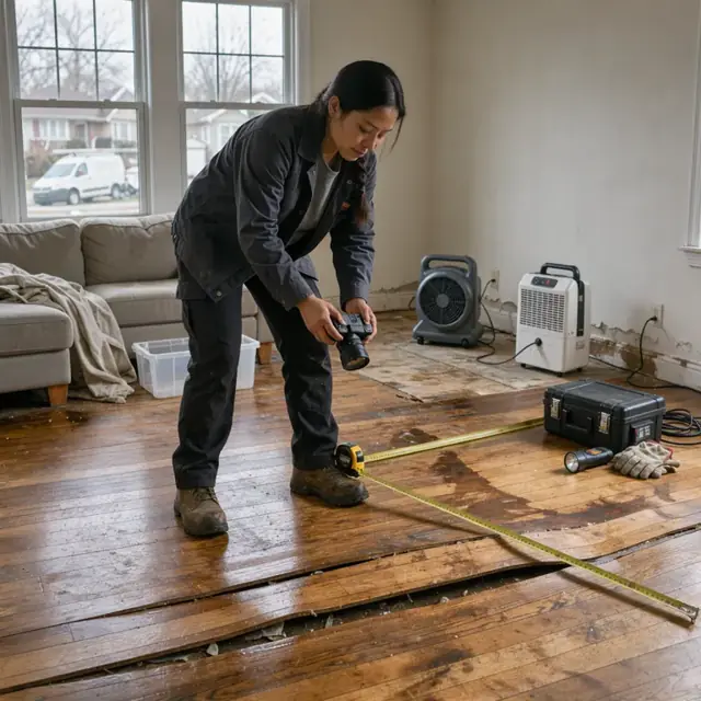 a worker standing inside a water-damaged living room taking photographs of a buckled hardwood floor with a tape measure extended across the room