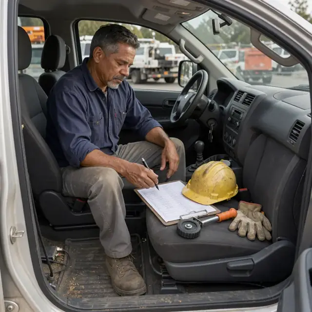 a truck cab interior with a clipboard showing inspection appointment times resting on the seat beside a hard hat and measuring wheel