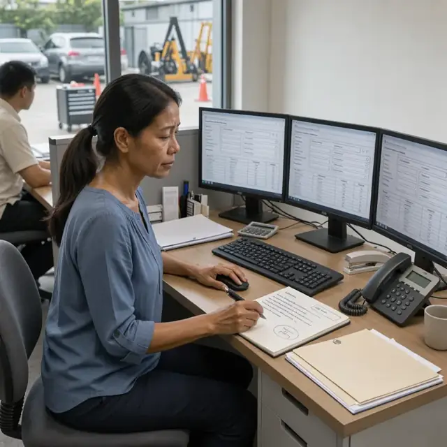 a desk with multiple monitors showing claim intake forms next to a notepad with handwritten loss details and an office phone