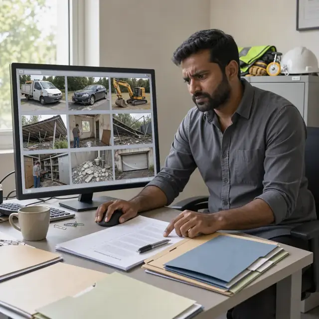 a desk showing an organized grid of property damage photographs on a large monitor next to an open claims report and stacked file folders