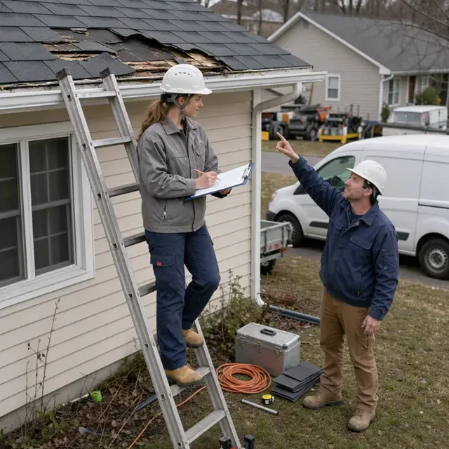 a worker on a ladder examining a damaged roof section while taking notes on a clipboard with a contractor pointing at the area