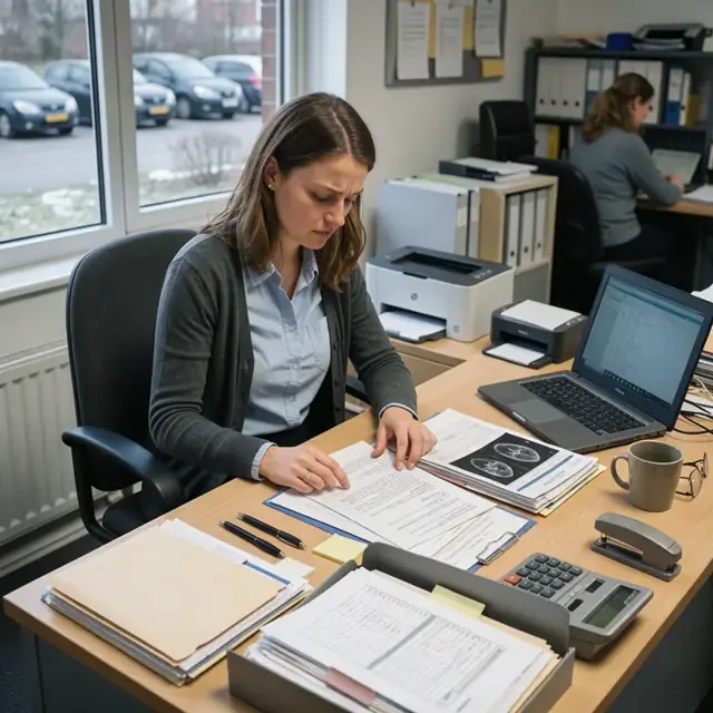 a worker reviewing a stack of appeal correspondence and supporting medical documentation at an organized workspace