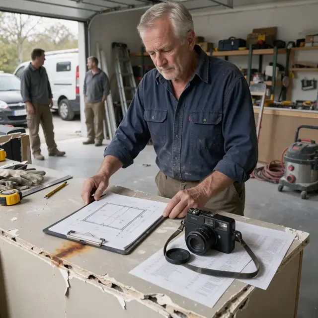 clipboard holding room sketches and measurements placed beside a digital camera and printed pricing reference sheets on a damaged countertop