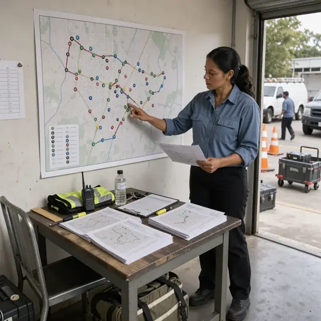 planner reviewing a large wall map with marked inspection locations and printed route sheets on a desk