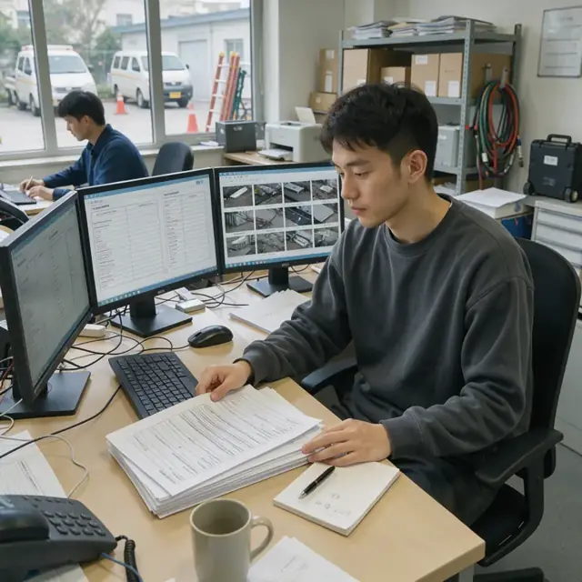 desk with multiple monitors showing claim intake forms next to a stack of printed loss notices and a notepad