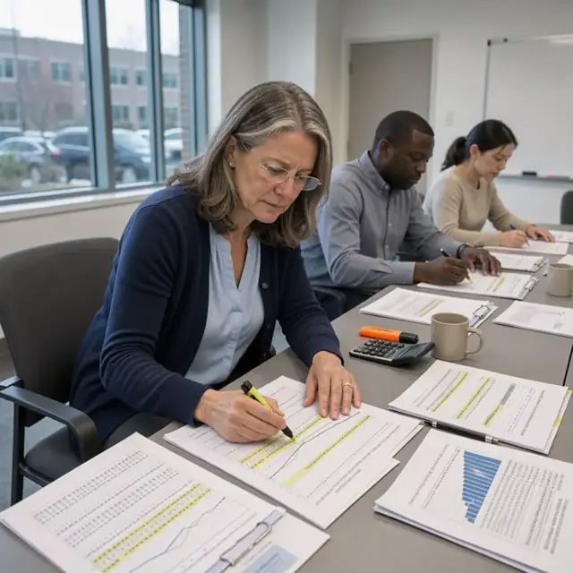 a worker at a conference table reviewing printed actuarial valuation reports and highlighting funding ratio trend charts
