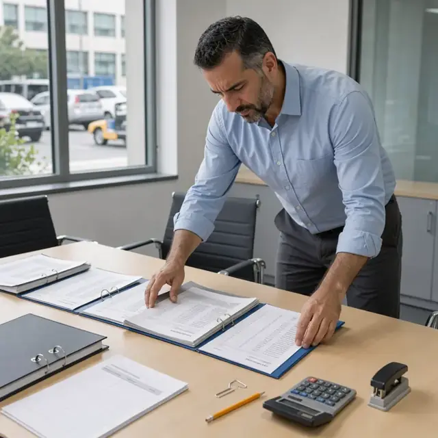 a worker arranging folders containing financial statements, participant census reports and Form 5500 drafts on a conference table