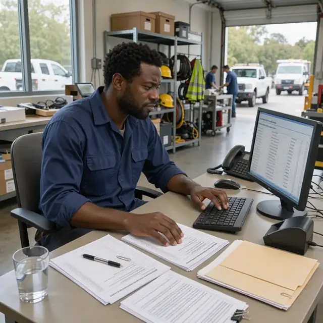 a worker at a desk updating participant records on a computer while referencing printed enrollment forms and beneficiary designation documents