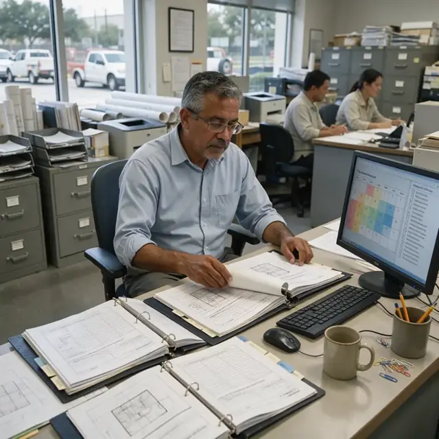 a desk with open plan document binders, government form templates and a computer displaying a compliance calendar and filing checklist