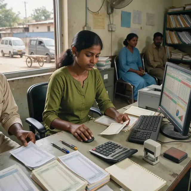 a desk with remittance reports, deposit slips and a computer screen displaying contribution ledgers and allocation worksheets