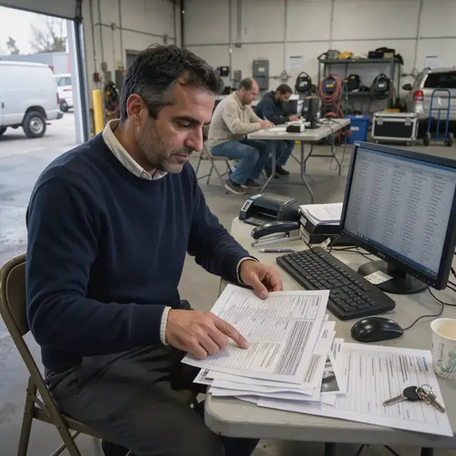a workspace with printed enrollment forms, dependent verification documents and a monitor displaying an eligibility roster