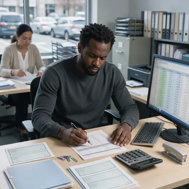 a financial workspace with printed checks, bank reconciliation worksheets and a computer screen showing trust account ledgers