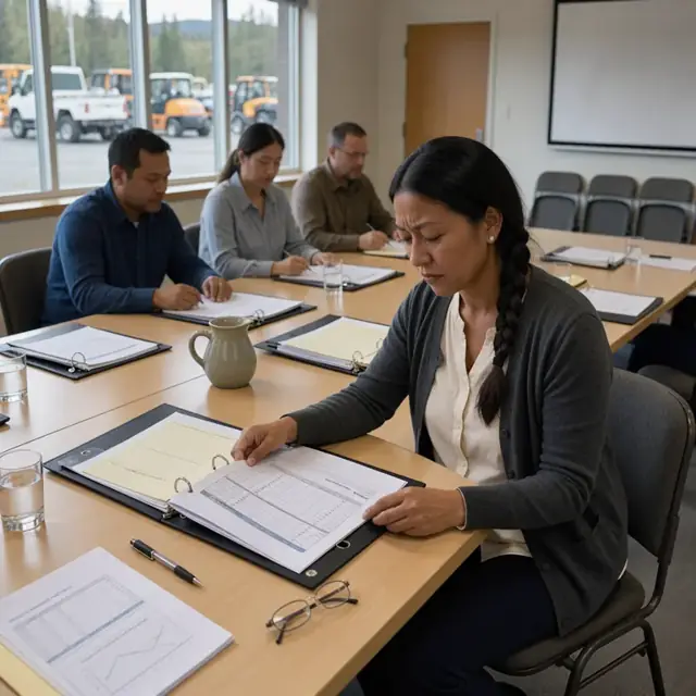 a conference room table arranged with meeting binders containing financial reports, claims summaries and notepads ready for trustee discussion