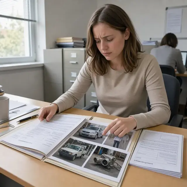 a claims file open on a desk with supporting photographs, medical reports and the corresponding policy document laid out for review
