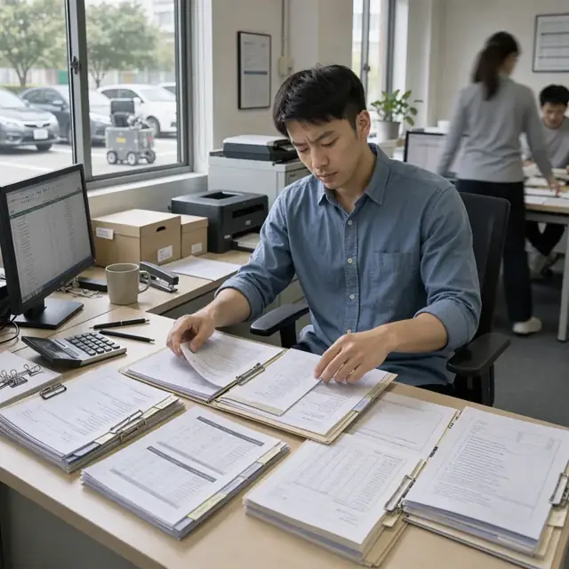 an office desk with printed regulatory forms, compiled financial statements and folders containing supporting documentation organized by filing period