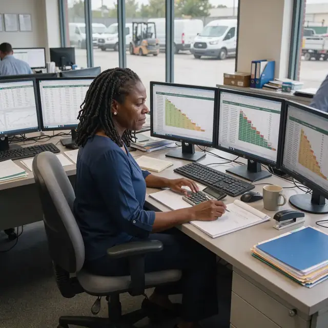 a workspace with spreadsheets open on multiple monitors displaying loss triangles, reserve calculations and actuarial projection tables