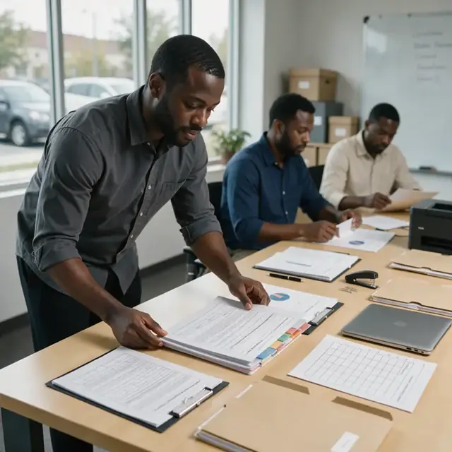 a compliance specialist organizing printed regulatory forms, portfolio reports and filing calendars on a conference table