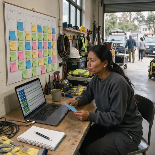a large wall calendar with color-coded sticky notes next to a laptop screen showing a detailed schedule of deadlines