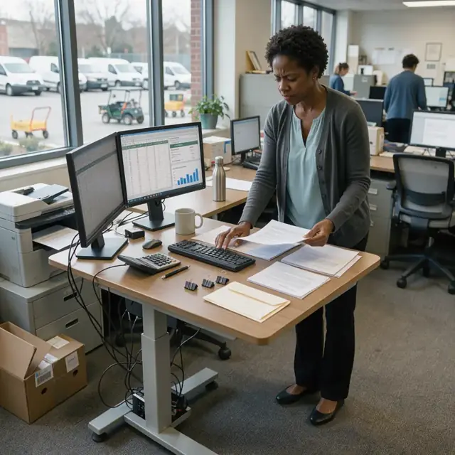 an analyst at a standing desk reviewing capital account summaries on multiple monitors while preparing notices