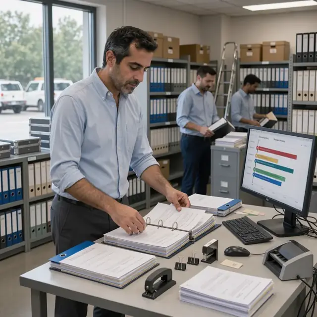 a financial professional organizing fund documents and investor registry binders in a file room with a large monitor showing closing timelines