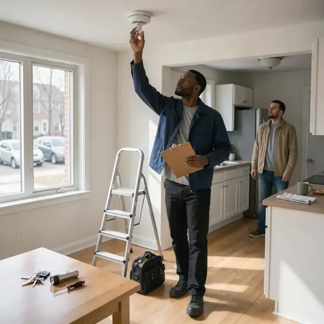 a property manager walking through an apartment checking a smoke detector on the ceiling with a clipboard in hand