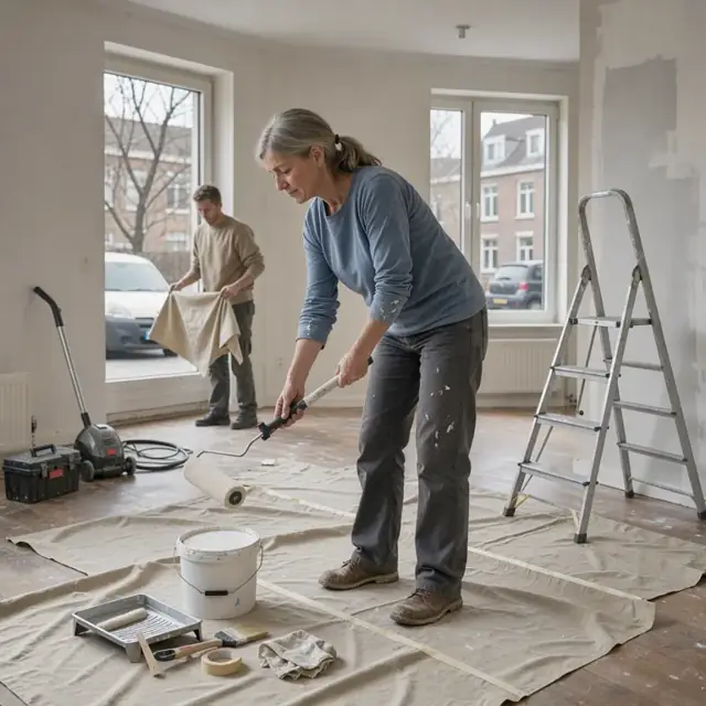 a vacant apartment living room with drop cloths on the floor, a paint bucket and ladder against the wall