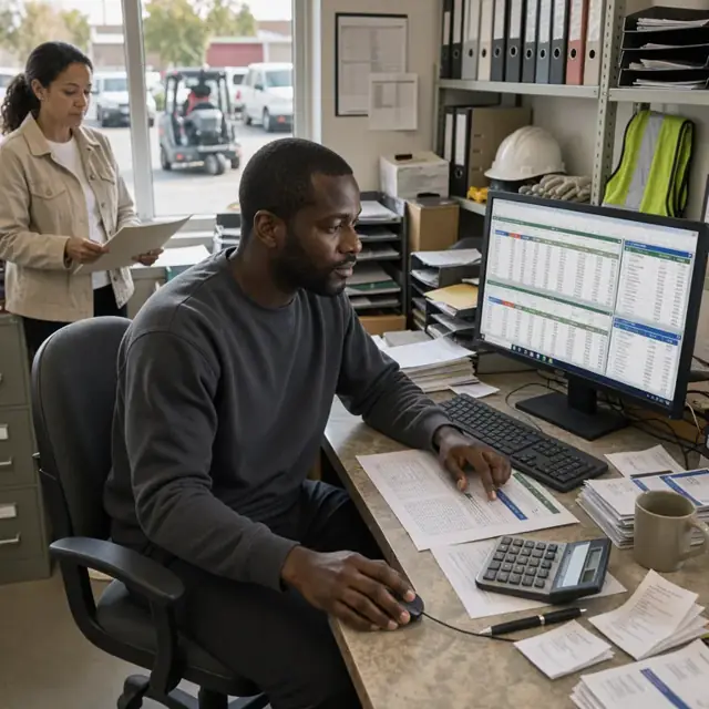 a desk with multiple spreadsheets open on a monitor showing rent rolls, invoices and a calculator beside printed lease summaries