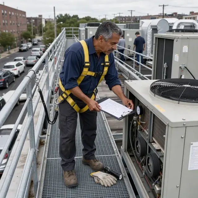 a building manager on a rooftop walkway inspecting HVAC equipment with a clipboard and safety harness in view