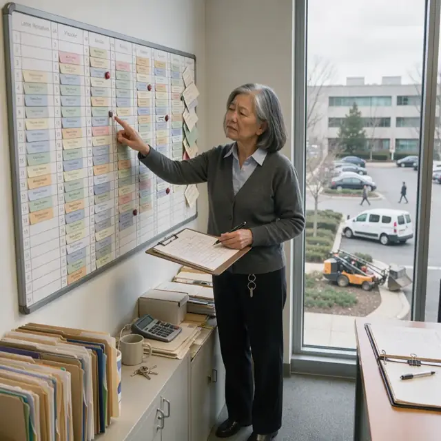 a property manager at a large window overlooking an office park reviewing a lease expiration calendar on a wall-mounted board