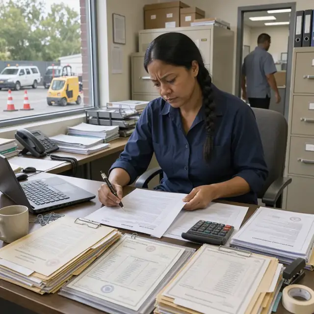 a facilities office desk covered with vendor contracts, insurance certificates and stacks of filed maintenance invoices