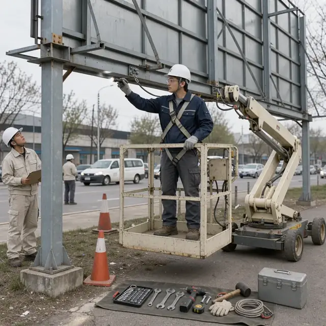 a worker inspecting a large outdoor billboard structure from a lift platform with tools laid out below