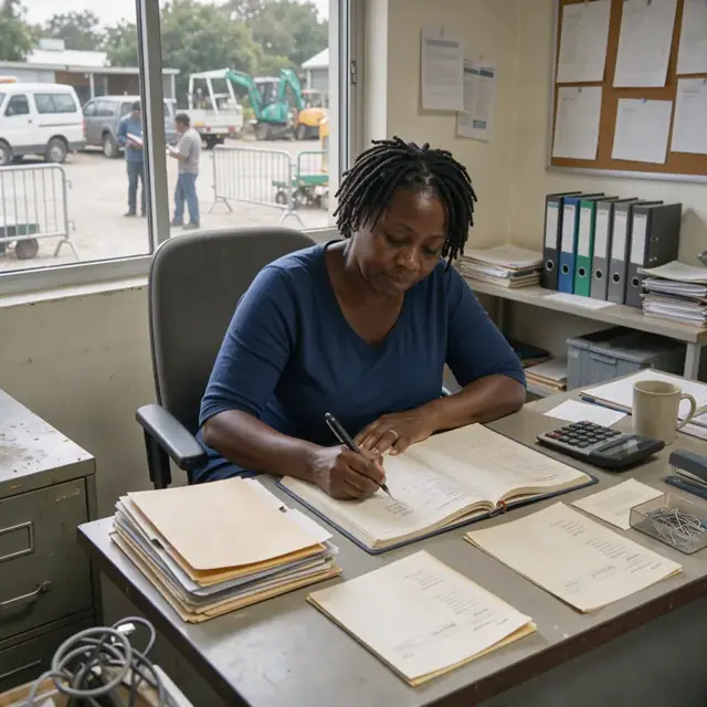 a worker seated at a desk entering rent payment details into a ledger beside a stack of invoice folders