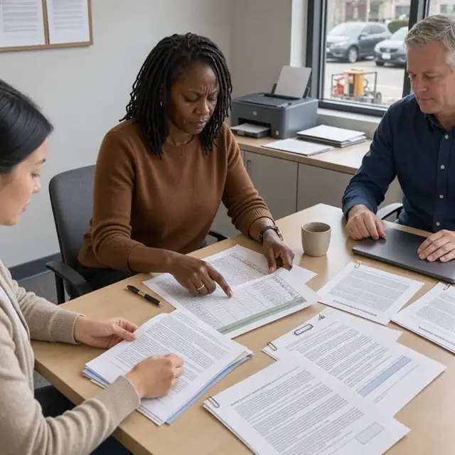a conference table covered with printed purchase agreements, addenda pages and a comparative offer analysis spreadsheet
