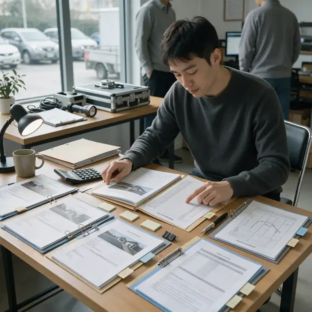 a desk with multiple open transaction folders containing inspection reports, appraisal documents, title commitments and a master checklist