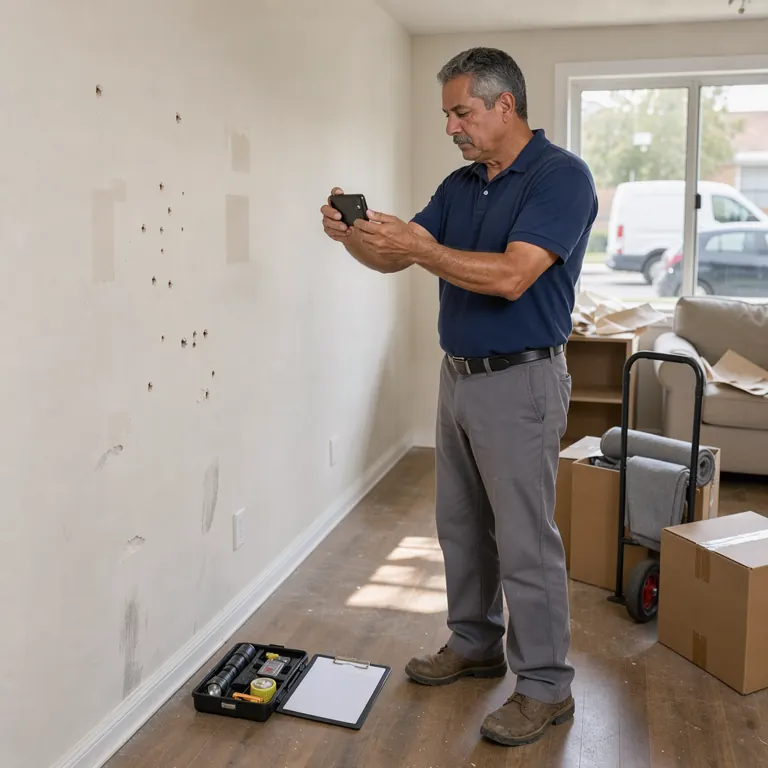 a property manager photographing a living room wall during a move-out inspection