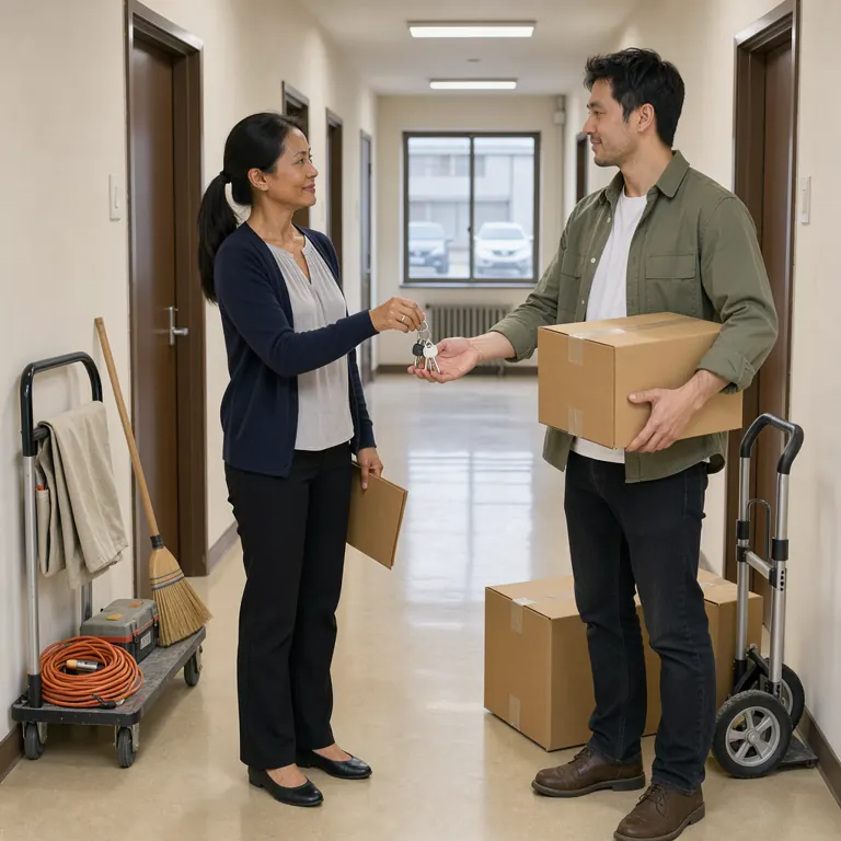 a property manager handing keys to a tenant in an apartment hallway