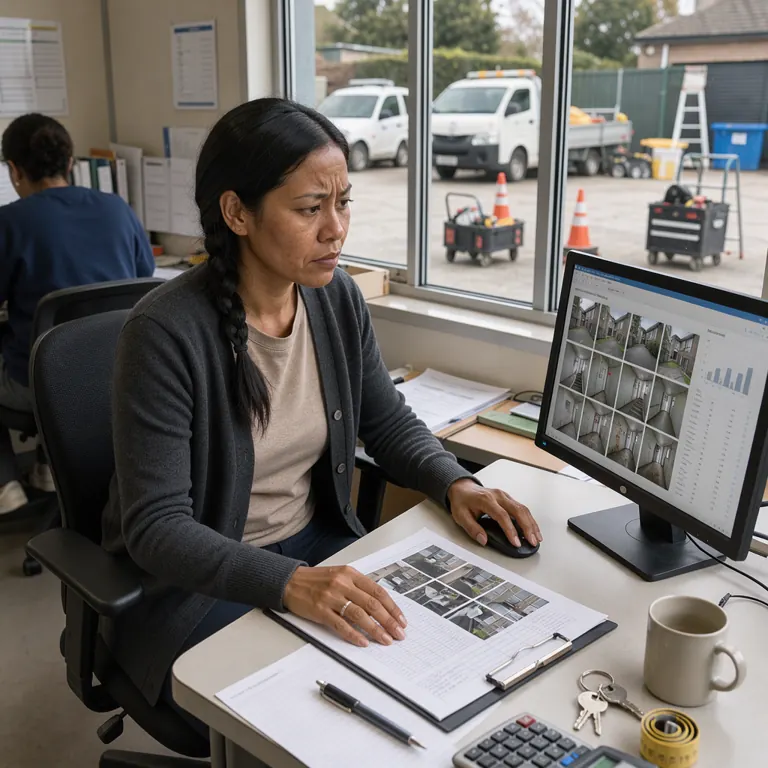 a property manager at a desk reviewing a monthly report with building photos on screen