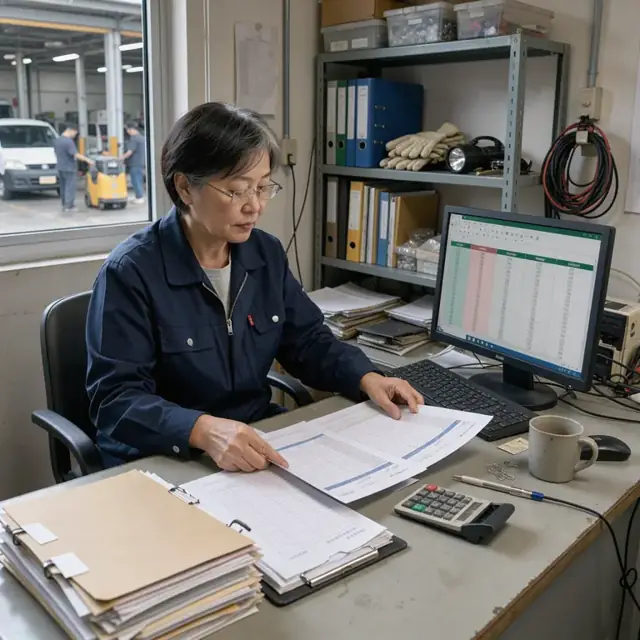 a facilities worker at a desk comparing printed invoices against a spreadsheet on a monitor with stacks of lease files nearby