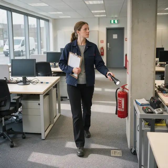 a facilities worker walking through an empty office space with a clipboard and flashlight checking exit signs and fire extinguishers
