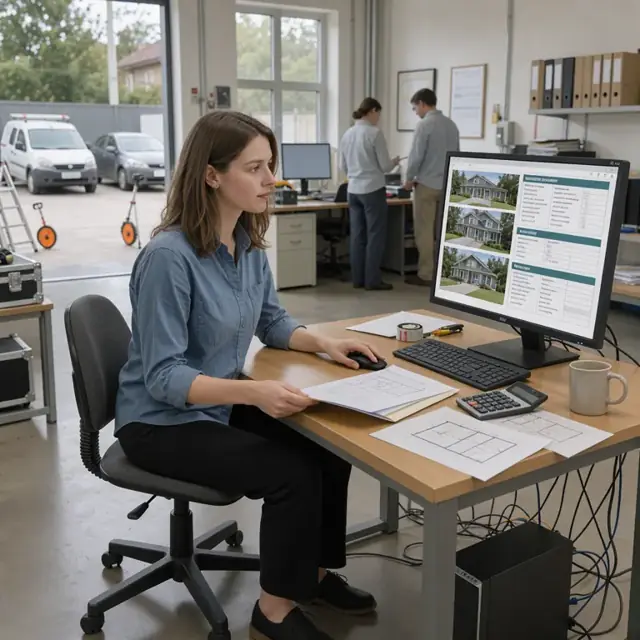 a large monitor showing an open appraisal report layout with property photos arranged on one side and text sections visible on the other