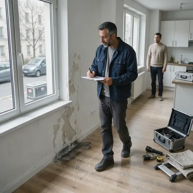 a worker walking around an apartment unit with a clipboard during an inspection noting conditions on walls and floors