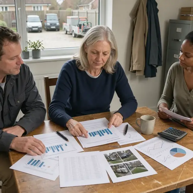 a printed monthly owner statement with charts and property photos spread across a wooden table